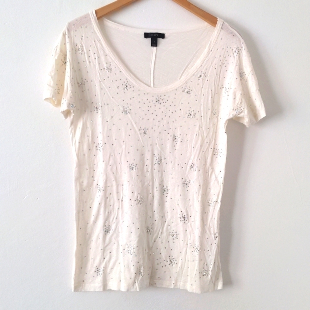 J Crew Semi-Sheer Rhinestone Sequin Crystal Ivory T-Shirt Top sz Small Cotton